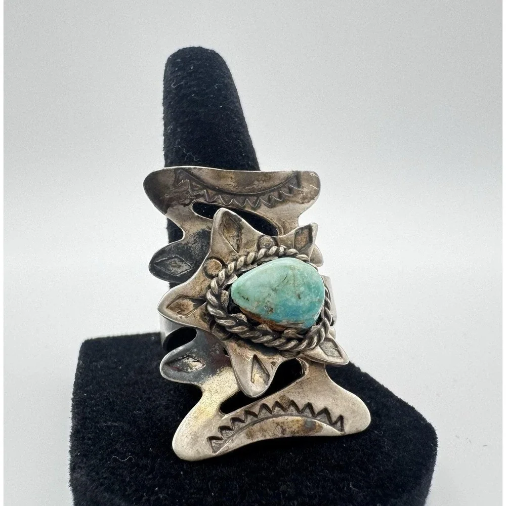 Vintage Navajo Turquoise Sterling Silver Ring Size 11 Unsigned c1960s Old Pawn